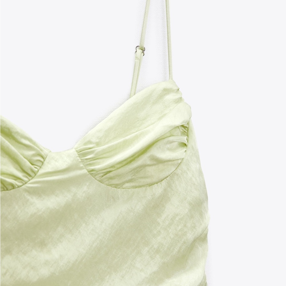 🌹NWT. Zara Mint Green Satin Effect Ruched Mini Dress with V-neck. Size S. - Picture 7 of 12